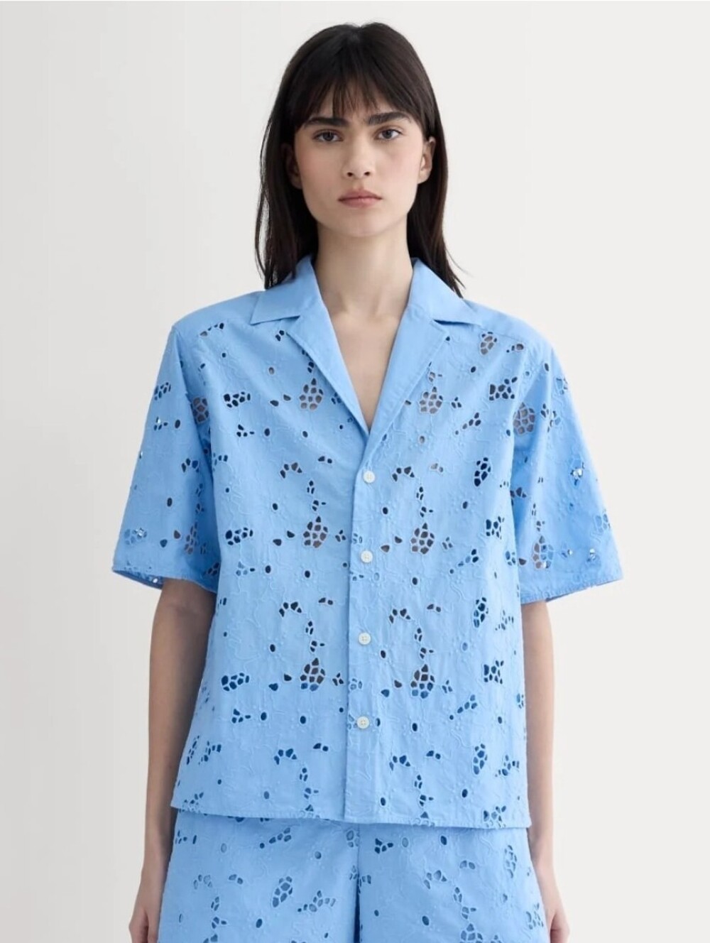 EVERLANE Blue Eyelet Camp Organic Cotton Lightweight Floral Casual Preppy Blouse